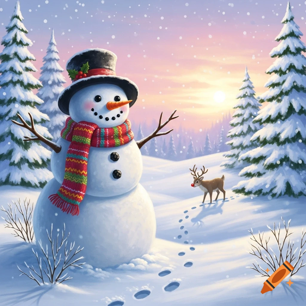 A friendly snowman wearing a top hat and a colorful scarf stands in a snowy winter landscape with pine trees and a small reindeer, under a soft sunset sky. Snowflakes fall gently.