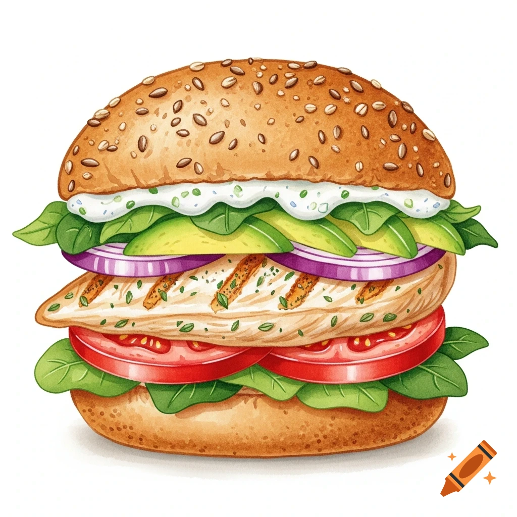 A watercolor illustration of a healthy chicken burger with avocado, spinach, tomato, red onion, and aioli on a sesame bun.