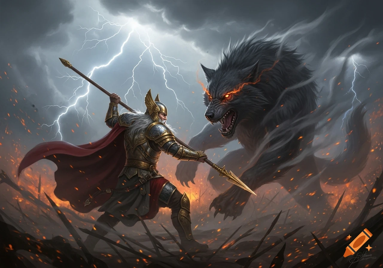Odin battles Fenrir, wielding a spear against the giant wolf amidst lightning, fire, and smoke in an epic fantasy art style.
