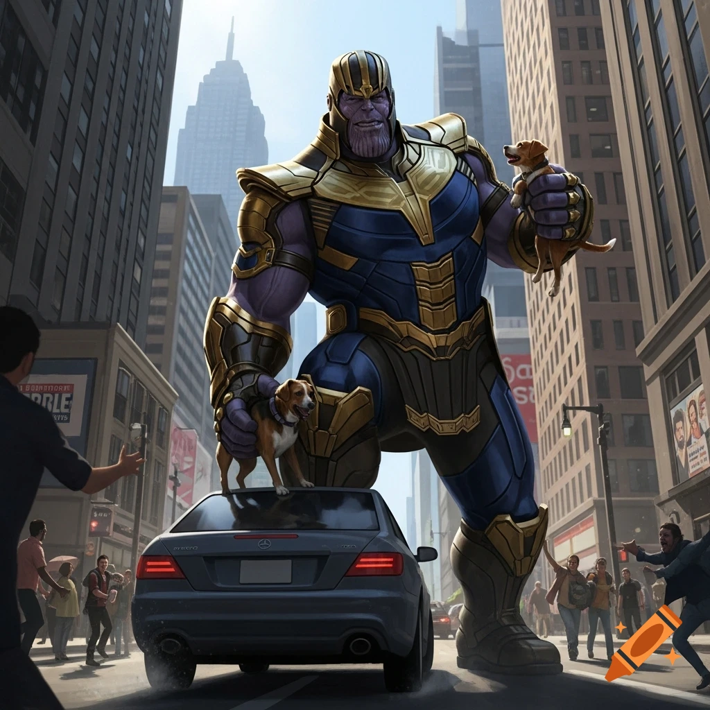 Giant Thanos stands in a city street, holding one small dog and with another dog on a car. People flee in the background.