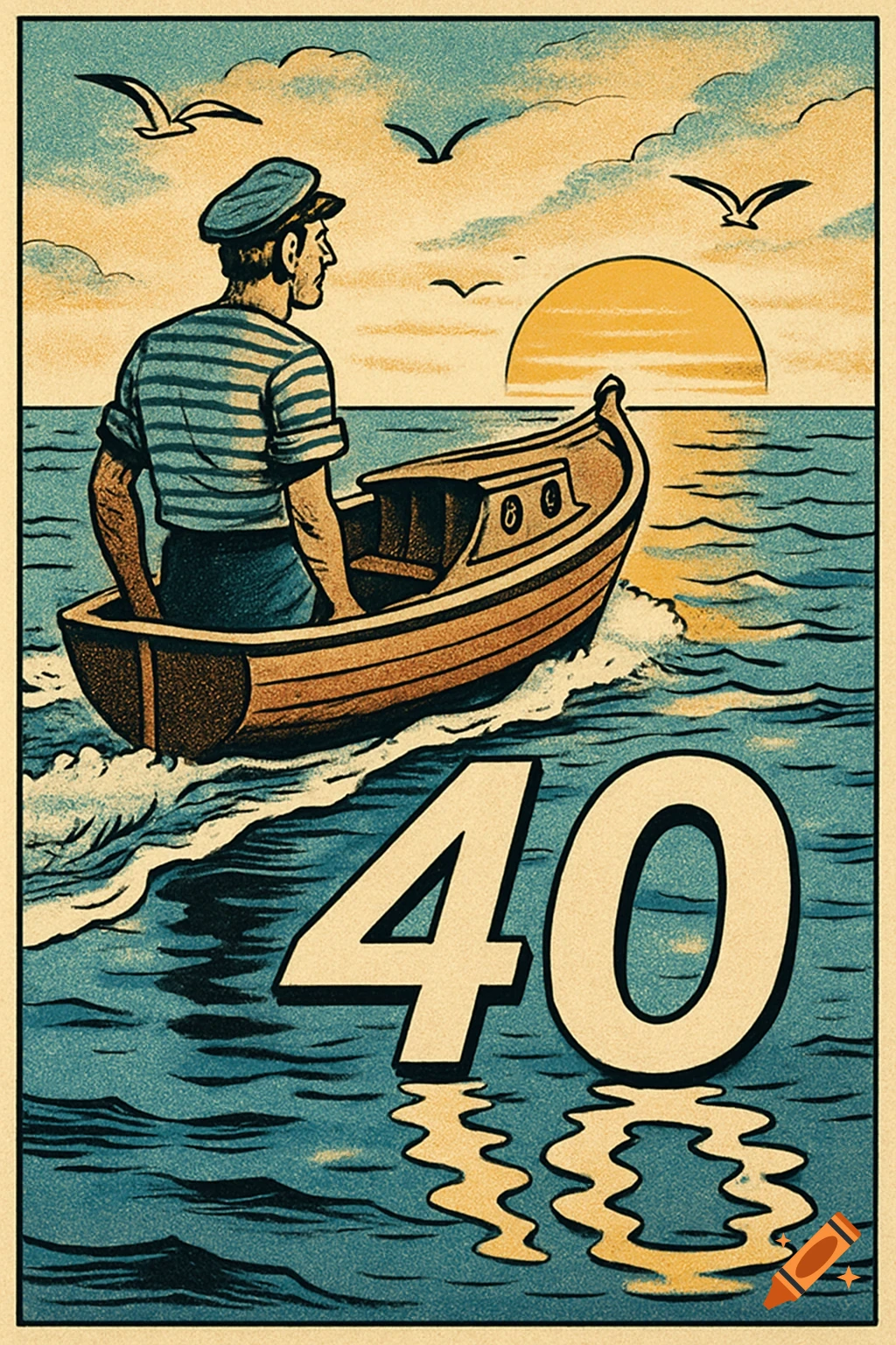 A man in a striped shirt and cap rows a boat on the sea with a sunset. The large number 40 reflects in the water, vintage comic style.