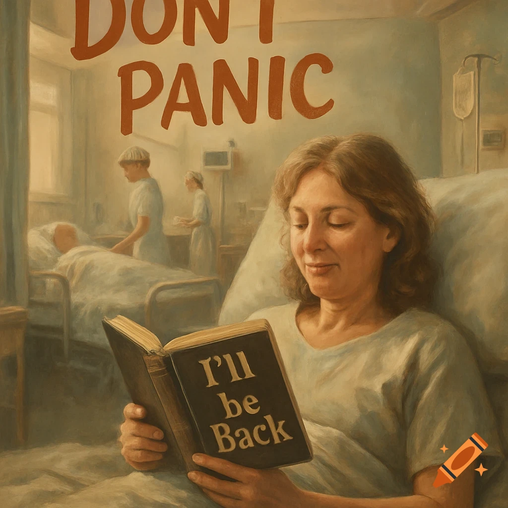 A woman in a hospital bed reads a book titled "I'll be Back." Above her, the text "DON'T PANIC" is on the wall. Nurses and patients are in the blurred background.