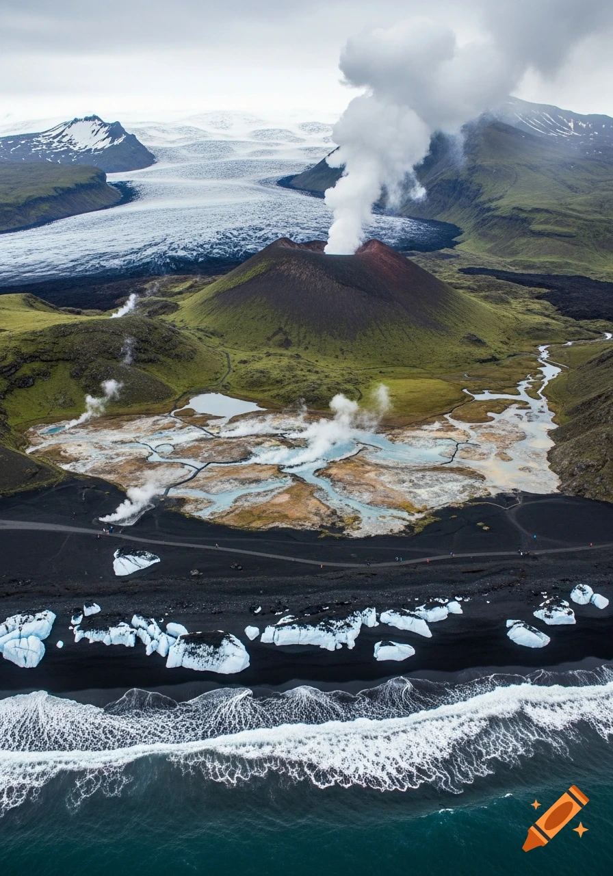 Aerial view of a diverse volcanic landscape featuring a steaming volcano, geothermal pools, a glacier, and a black sand beach with icebergs and ocean waves.