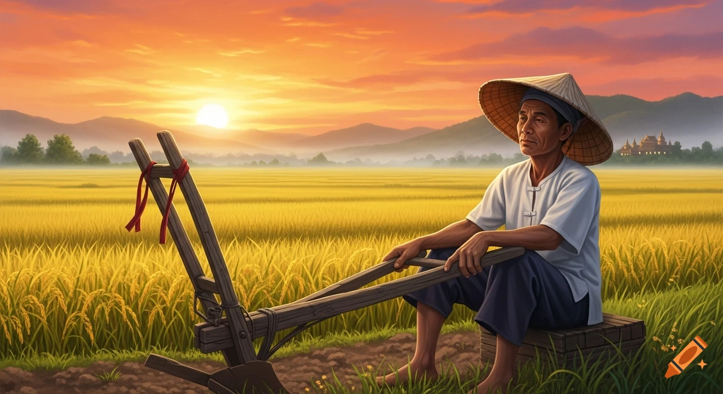 A humble Lao farmer rests beside an old wooden plow in golden rice fields at sunset, with distant hills and a house.