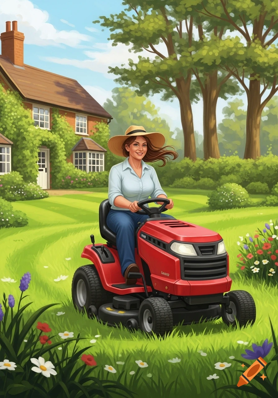An illustrated woman in a straw hat and blue jeans smiles while driving a red riding lawnmower across a green lawn with a house and trees in the background.