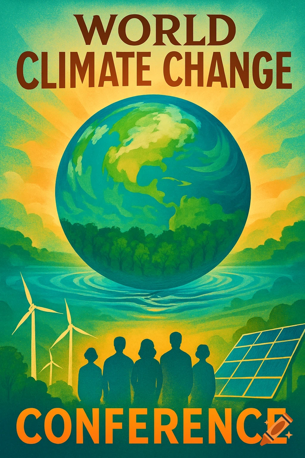 A vintage-style poster showing the Earth, people, wind turbines, and a solar panel under a vibrant sky, with text 'WORLD CLIMATE CHANGE CONFERENCE'.
