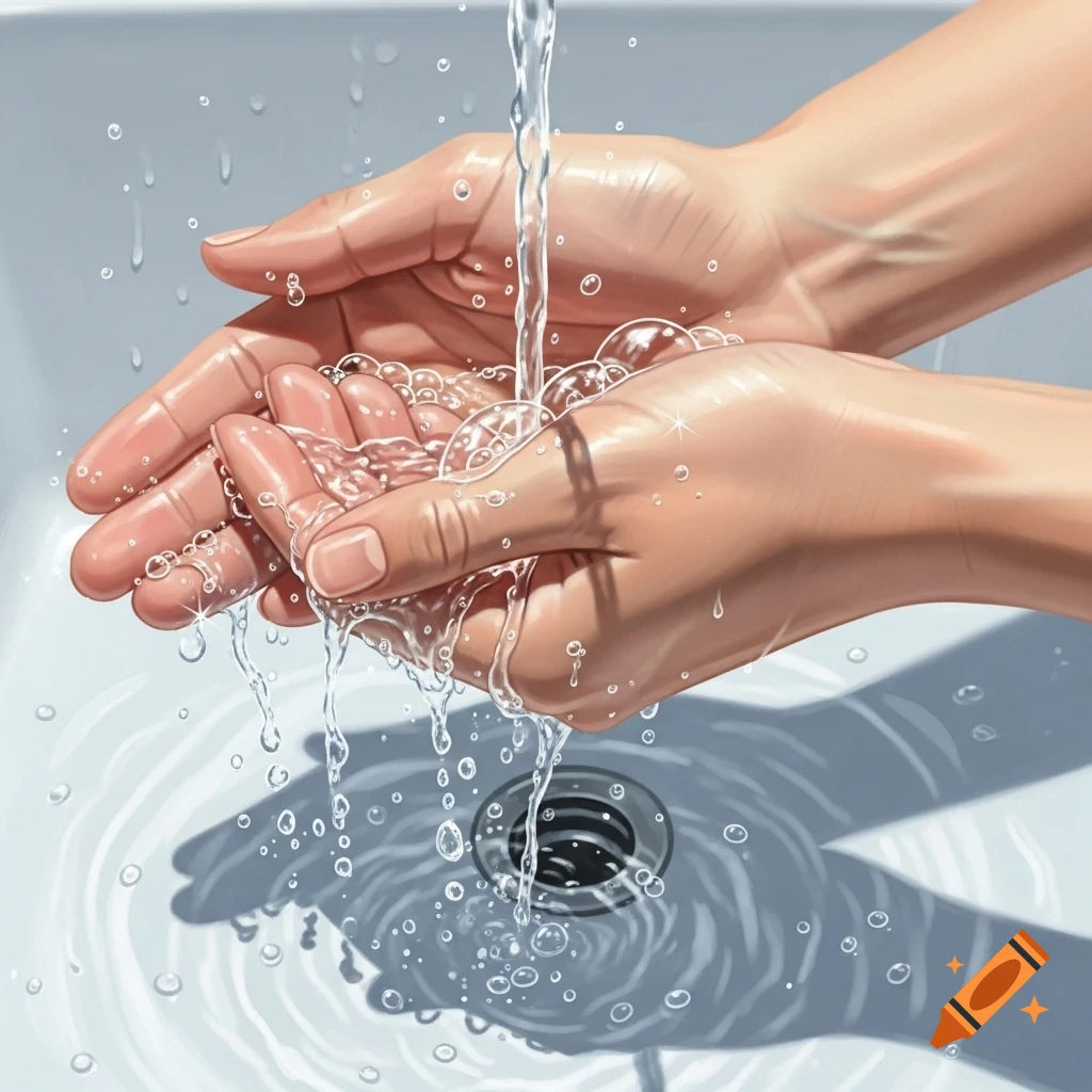 Illustrative close-up of hands washing under running water in a white sink with bubbles and splashes.