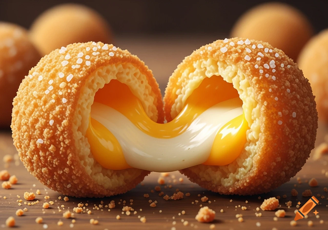 Close-up of a golden, breaded ball split in half, revealing gooey melted cheese stretching between the pieces on a wooden surface.