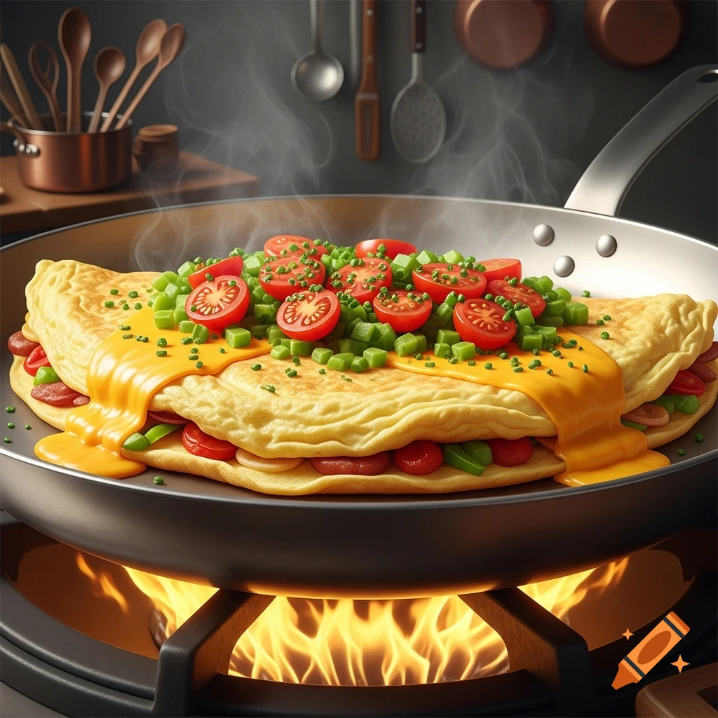 A large, photorealistic omelet overflowing with melting cheese, sliced tomatoes, and green vegetables, cooking in a silver pan over a gas stove flame in a kitchen.