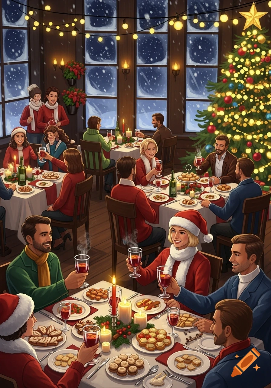 A lively Christmas party scene with many people gathered around tables, enjoying food and gluhwein, with a decorated Christmas tree and snowy windows in the background.