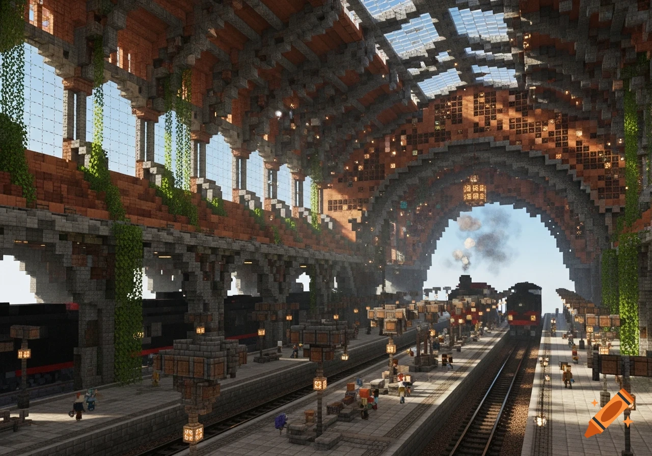A large, realistic industrial-style Minecraft train station with tracks, trains, platforms, and a glass-domed roof.