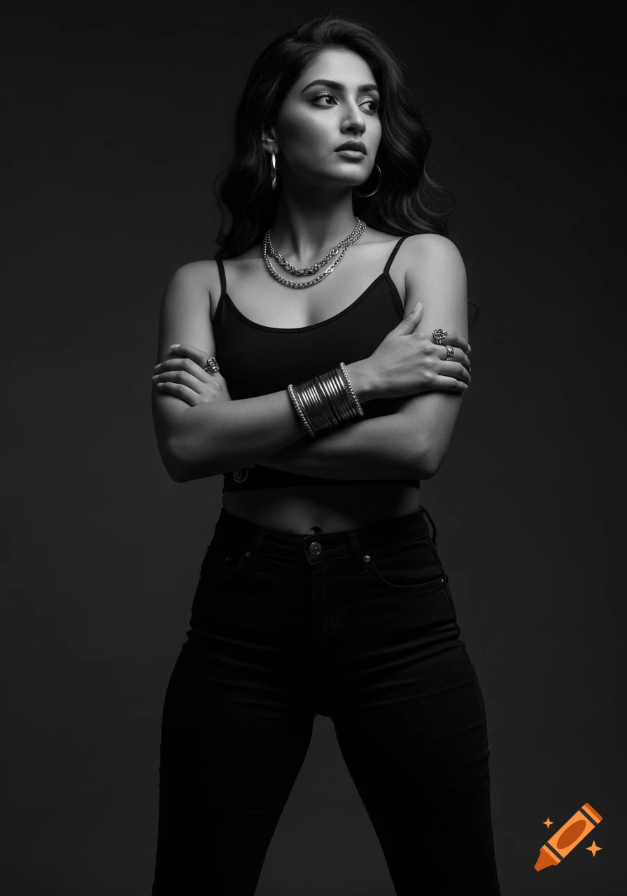 Photorealistic black and white portrait of a confident South Asian woman with crossed arms, wearing a tank top, jeans, and silver jewelry.