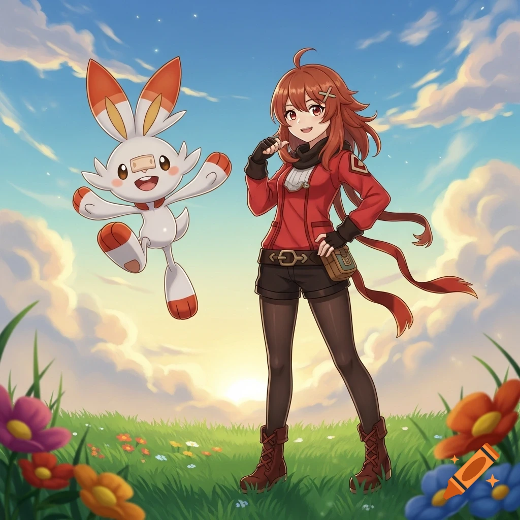 Amber from Genshin Impact standing next to Scorbunny from Pokemon, who is hopping, in a sunny grassy field with flowers and a cloudy sky, in anime style.