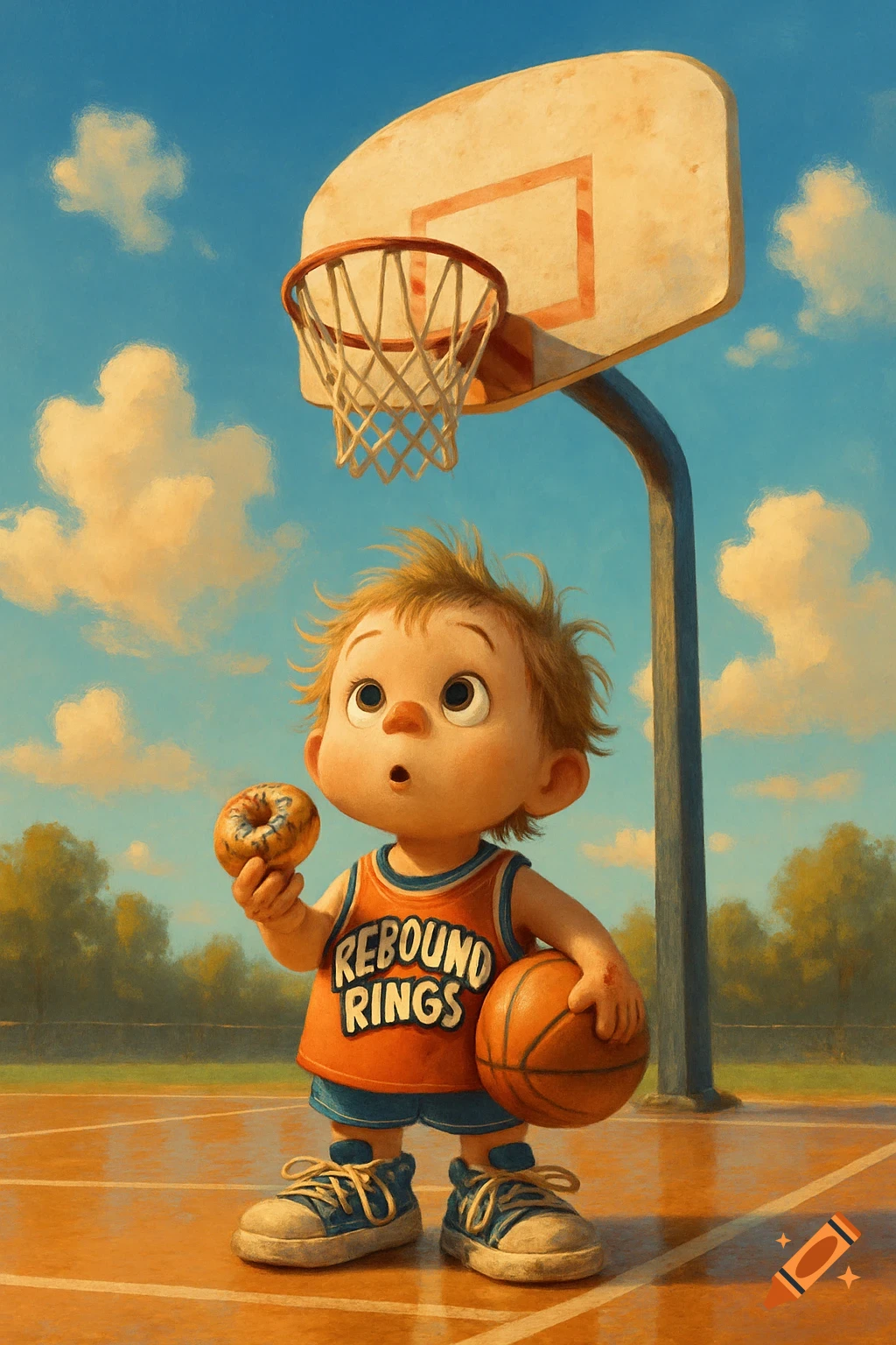 A stylized cartoon child in an orange basketball jersey holds a donut and a basketball on a sunny court, looking up at the hoop.