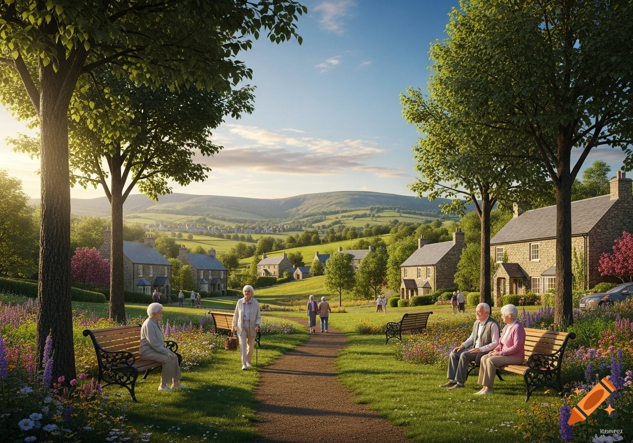 Photorealistic village scene with elderly people in a park, surrounded by stone houses, trees, wildflowers, and rolling hills.