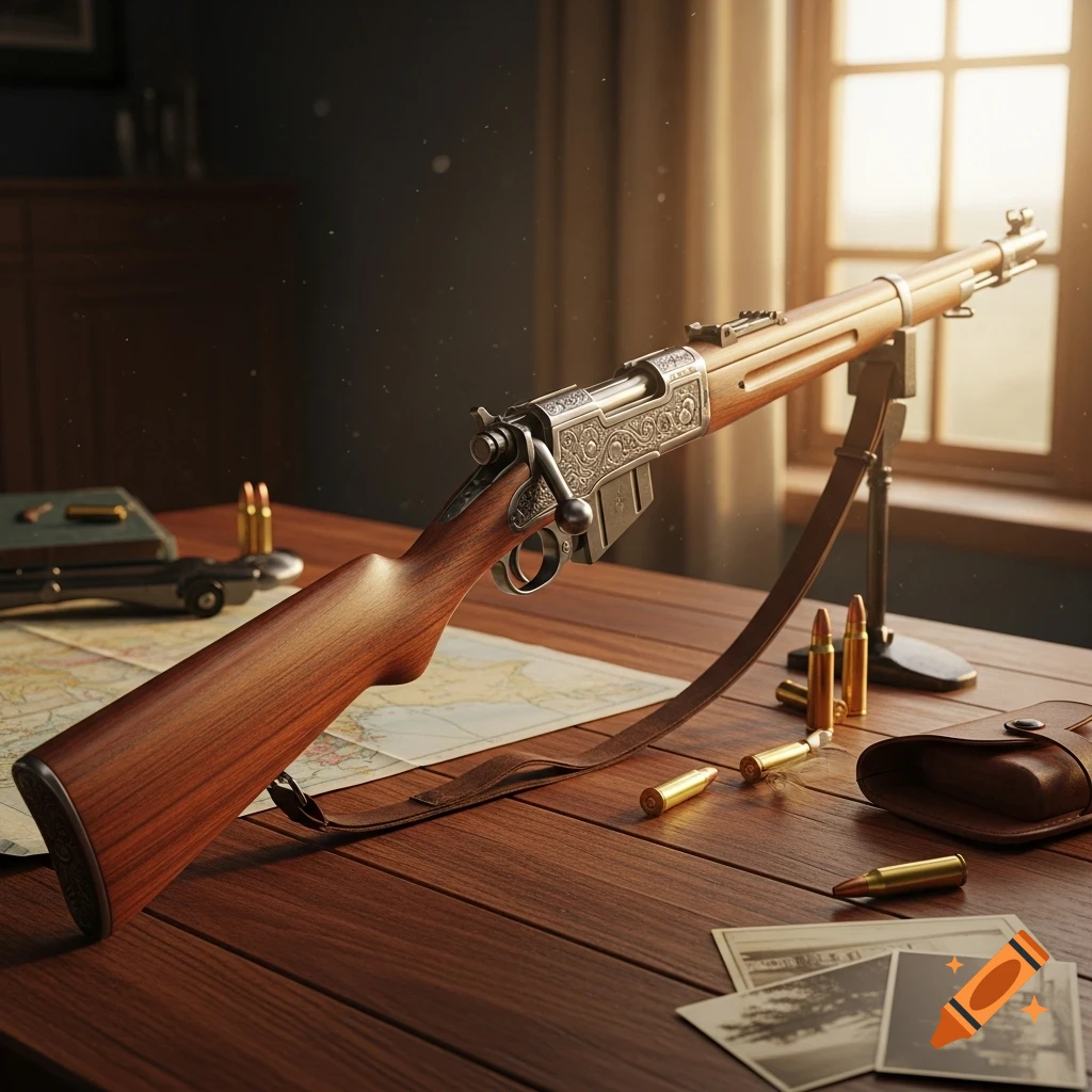 A detailed rifle with intricate engravings rests on a wooden desk alongside ammunition, a map, and old photographs, bathed in warm light.