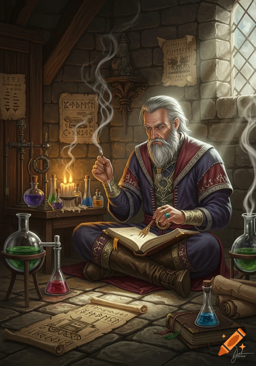 A detailed illustration of an old alchemist with a white beard, sitting on the floor surrounded by scrolls, potions, and alchemical equipment in a stone room.
