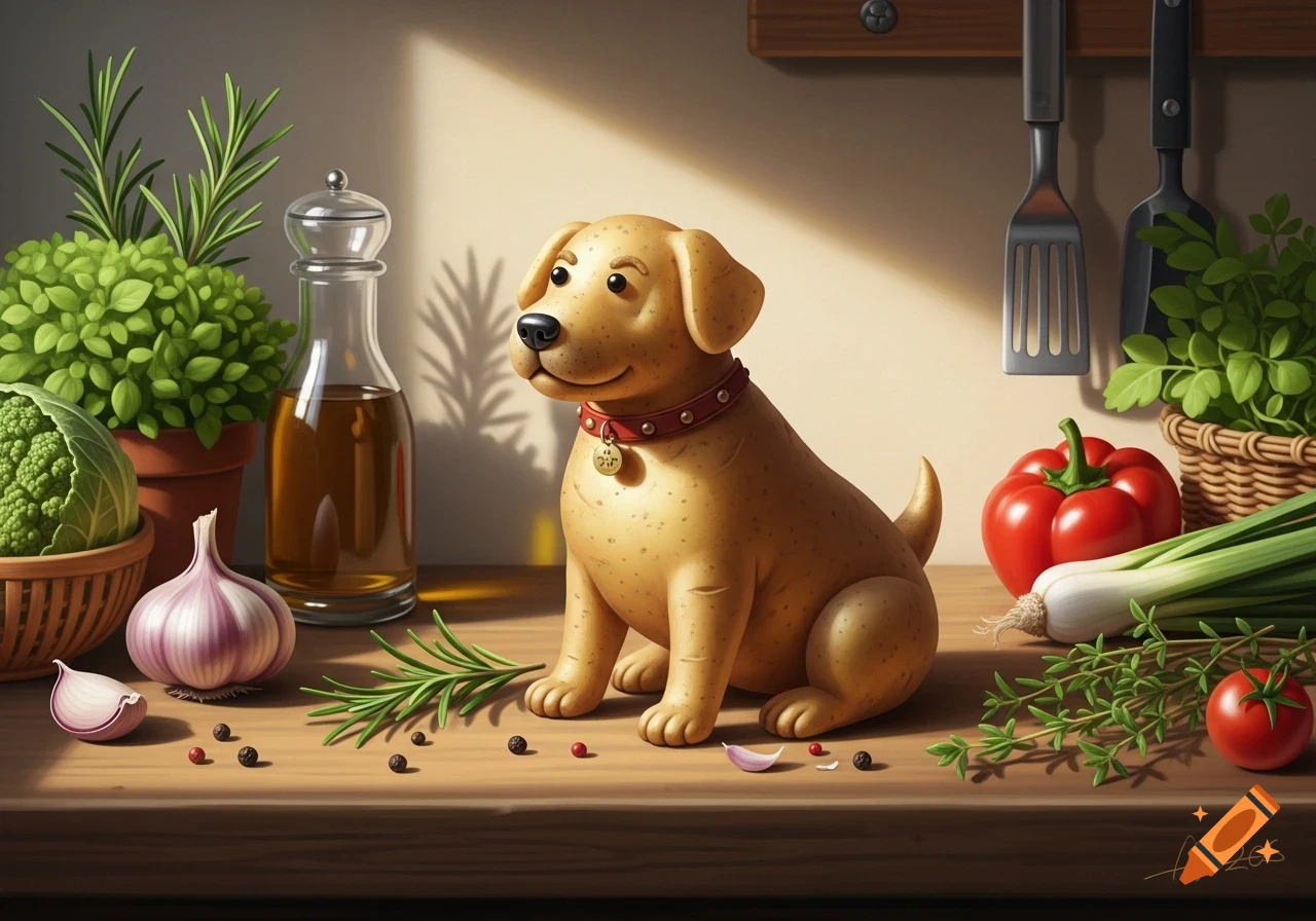 A stylized potato dog with a red collar sits on a wooden kitchen counter, surrounded by fresh herbs, vegetables, and olive oil.
