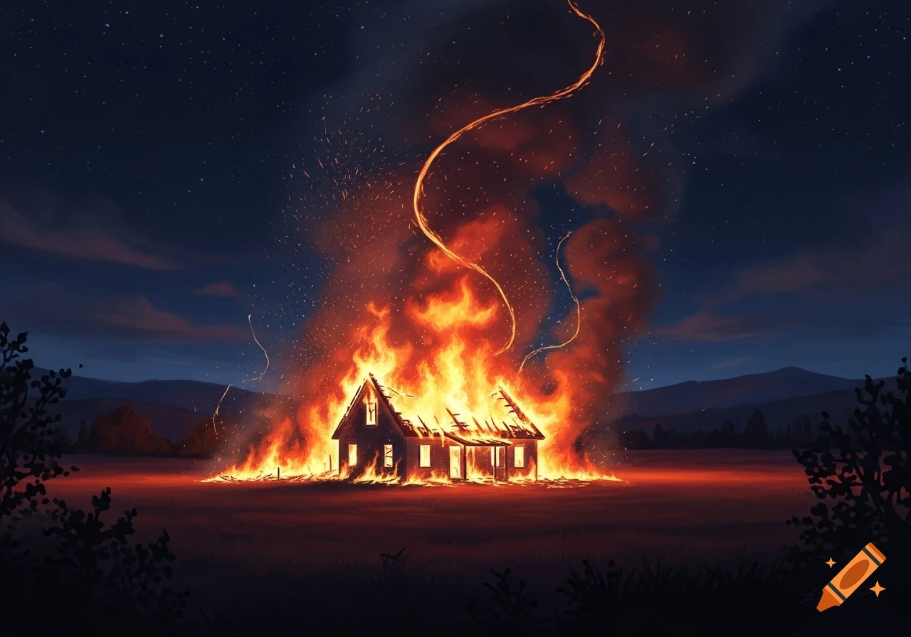 A stylized illustration of a house engulfed in bright orange flames in an open field under a dark, starry night sky.