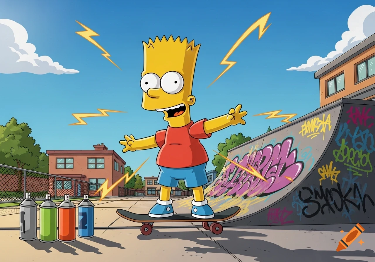 Bart Simpson skateboards in a cartoon style at a sunny skate park with graffiti-covered ramps and spray cans.