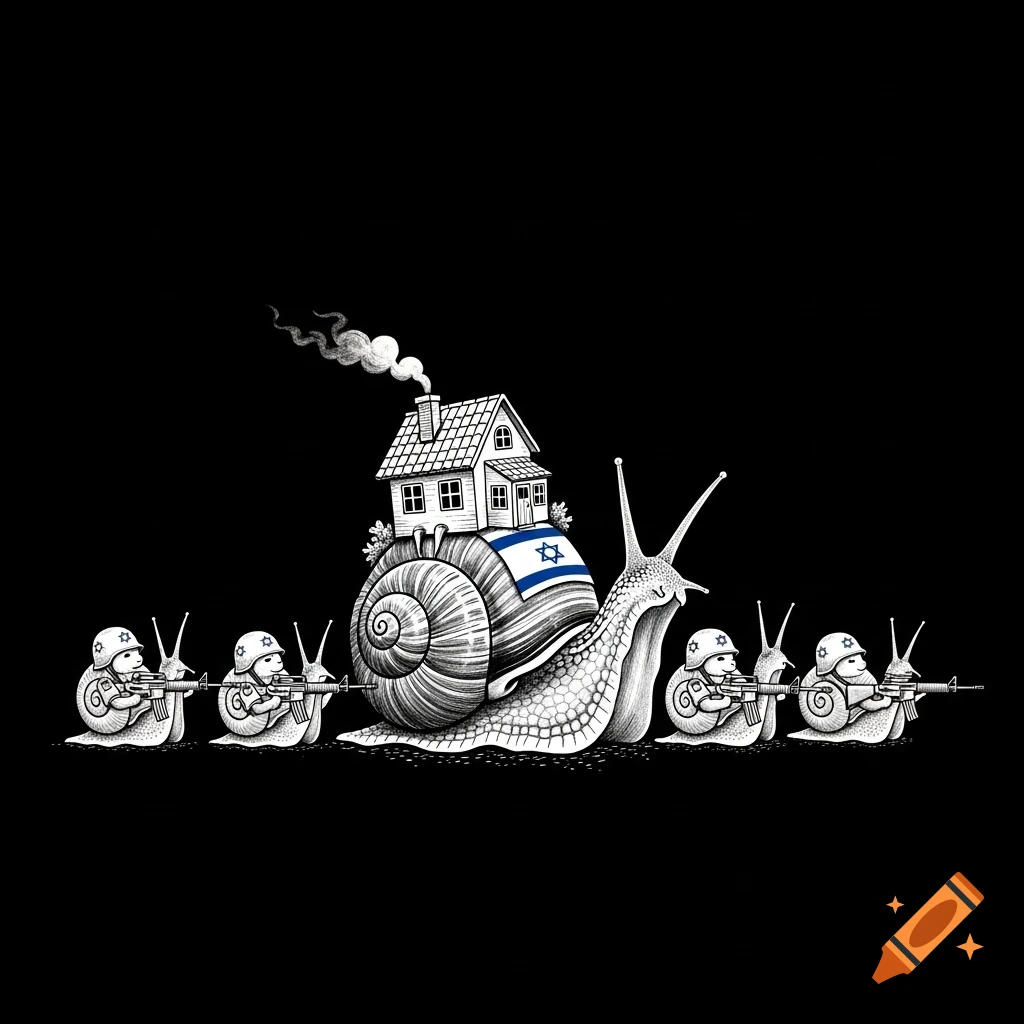 Black and white illustration of a large snail carrying a house with an Israeli flag, followed by smaller snails dressed as soldiers carrying rifles.