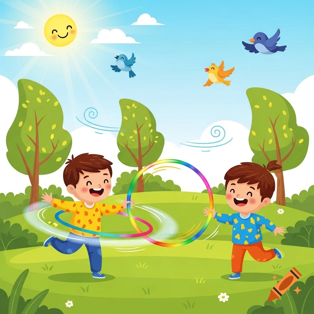 Two happy cartoon children playing with a rainbow hula hoop in a sunny park with trees and birds.