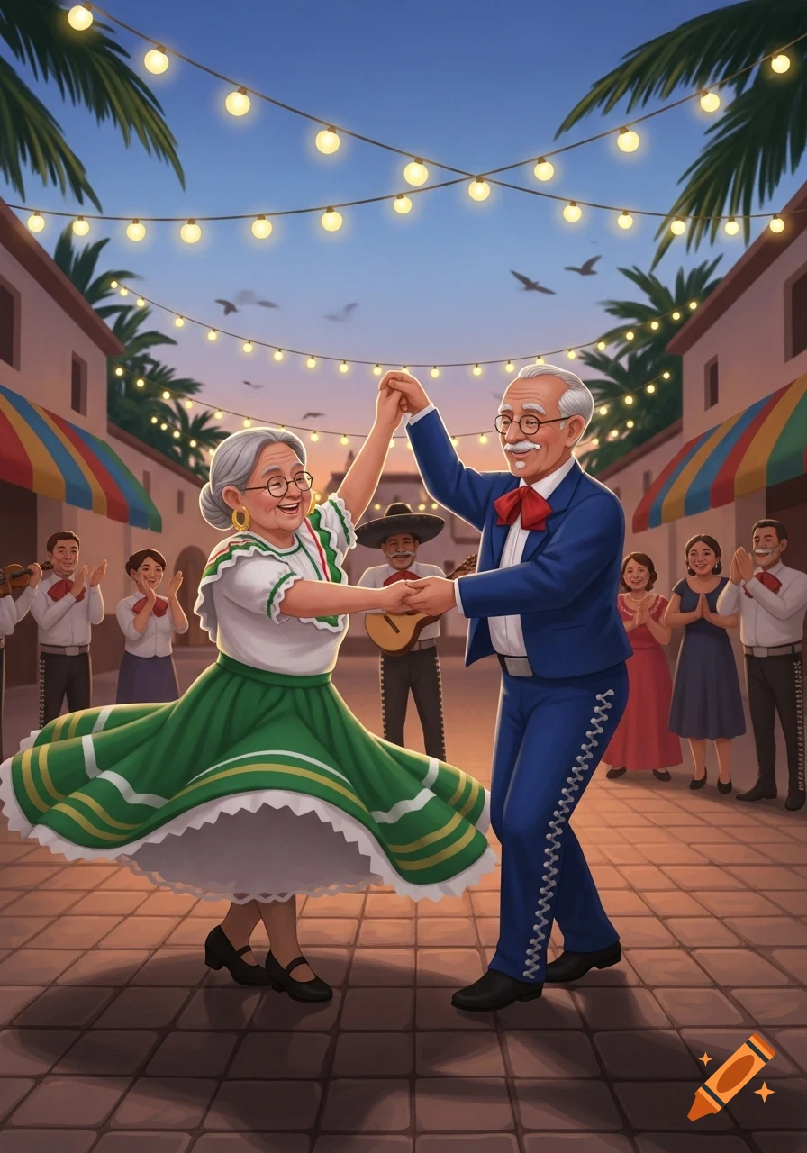 An elderly couple happily dancing in a festive Mexican street scene with string lights, palm trees, and onlookers clapping.