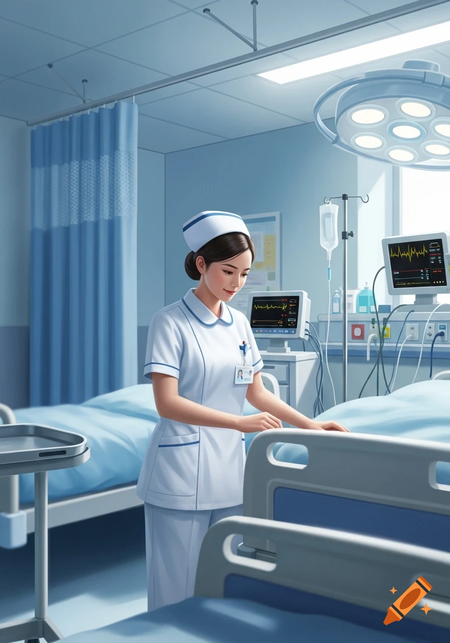 An illustrated female nurse in a white uniform adjusts a bed in a bright hospital room, with medical monitors and an IV drip stand in the background.