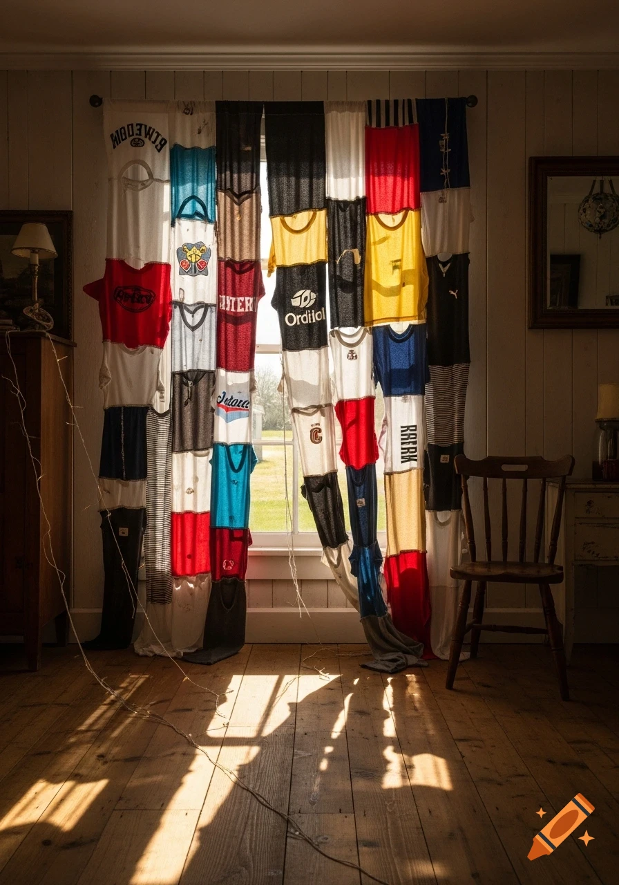 A sunlit room features a creative curtain made from colorful t-shirt scraps, casting patterned shadows on a wooden floor.