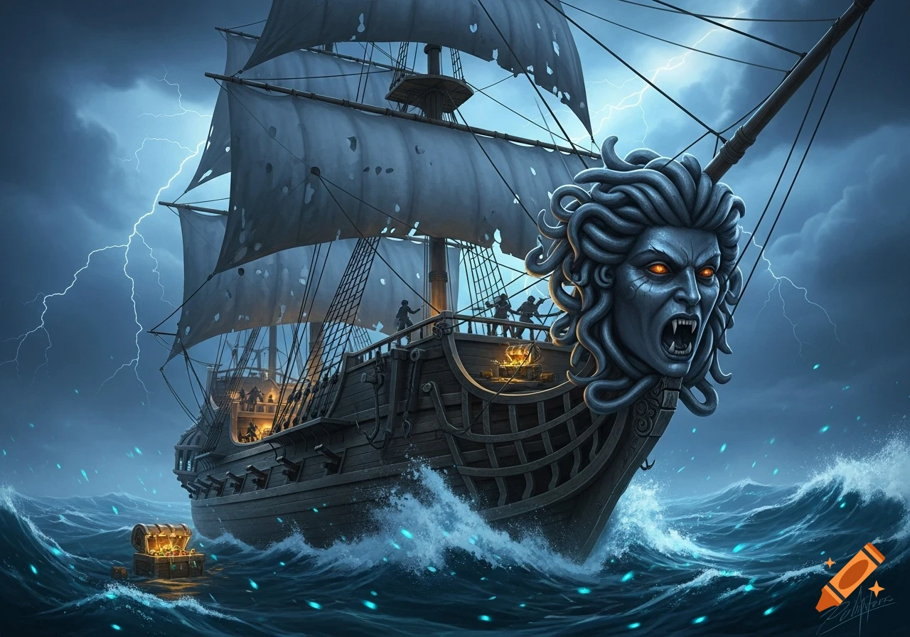A fantasy pirate ship with a roaring Medusa figurehead sails stormy seas under lightning, with a glowing treasure chest floating in the foreground.
