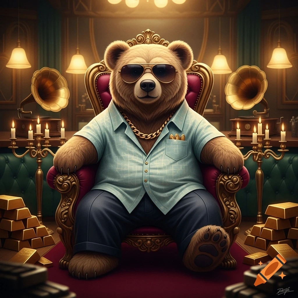 A wealthy anthropomorphic bear in sunglasses and a gold chain sits on a throne, surrounded by gold bars and luxurious decor.