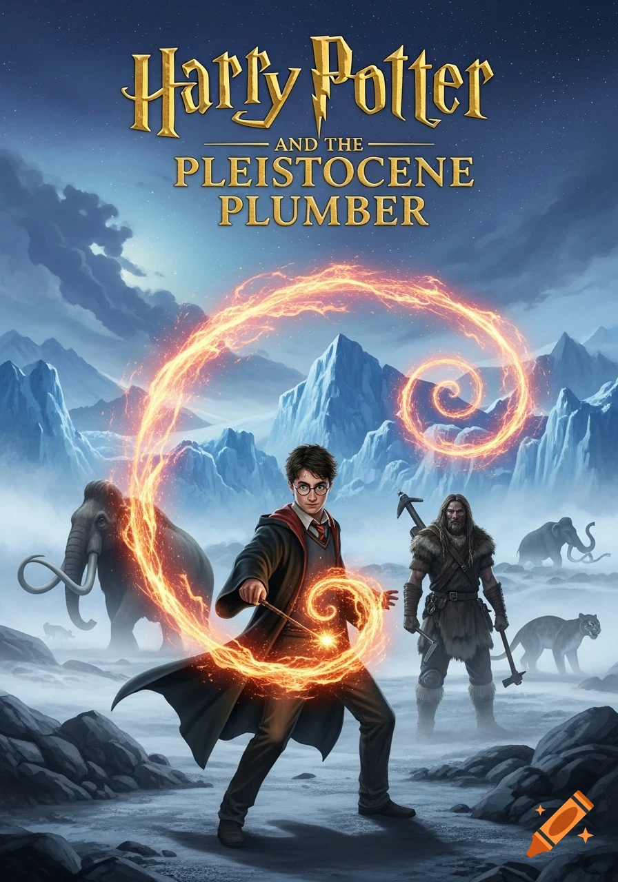 Harry Potter casts a spell in a snowy prehistoric landscape with a caveman, mammoths, and a sabertooth tiger. Book cover title: 'Harry Potter and the Pleistocene Plumber'.