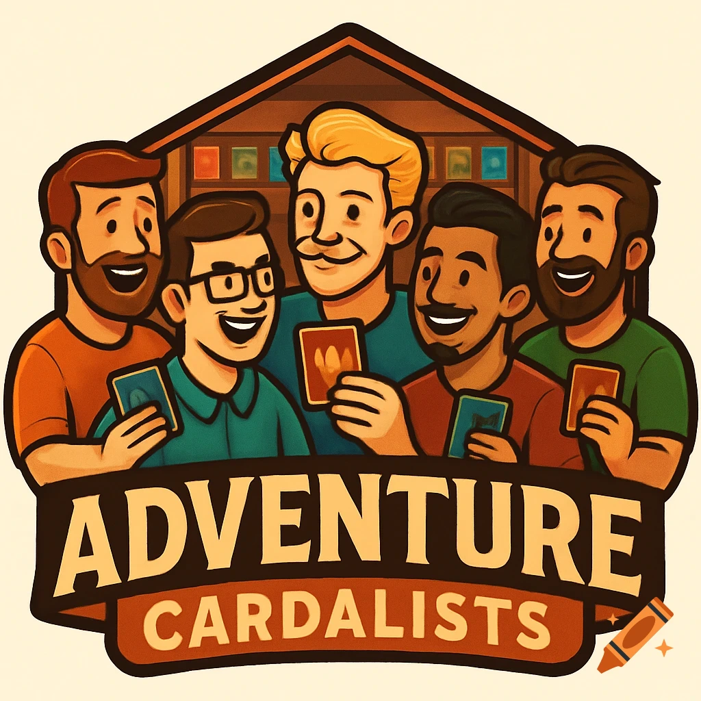 A cartoon logo of five diverse men smiling and holding playing cards in front of a wooden card shop facade, with "ADVENTURE CARDALISTS" on a banner below.