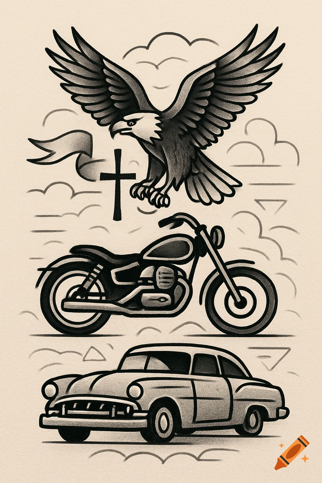 Tattoo style illustration of a bald eagle, a cross, a motorcycle, and a classic car on a light background.