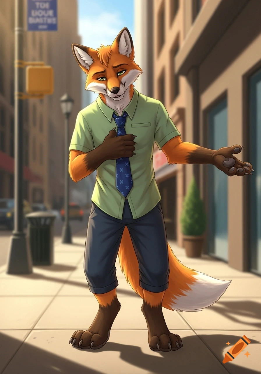 A male anthropomorphic fox in a green shirt and blue tie stands on a city sidewalk, making an inviting gesture.