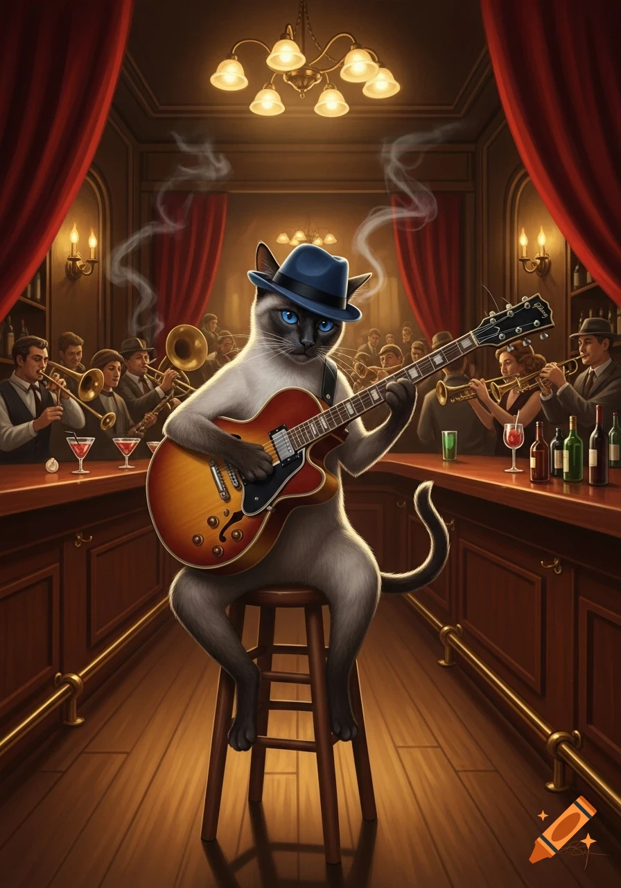 A Siamese cat wearing a blue fedora plays a guitar on a stool in a smoky jazz club with a brass band.