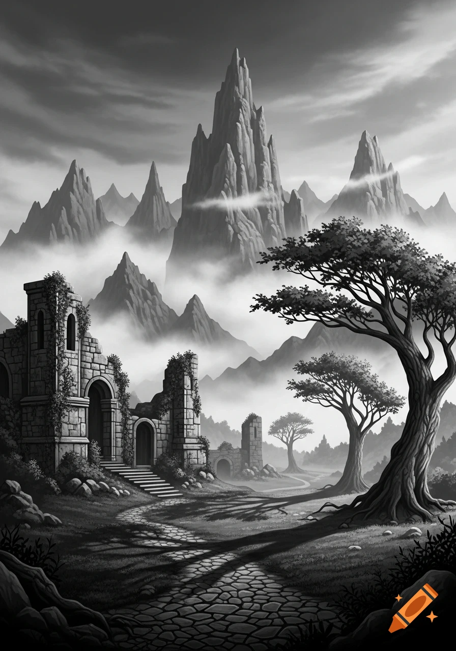 Grayscale fantasy landscape with towering jagged mountains, ancient stone ruins, gnarled trees, and a winding path.
