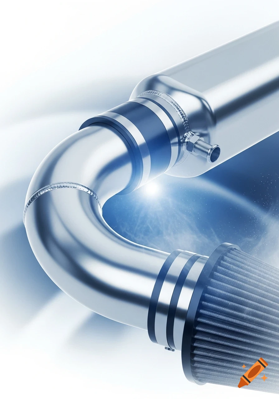 Close-up of a metallic cold air intake pipe with a visible air filter against a bright, hazy blue background.