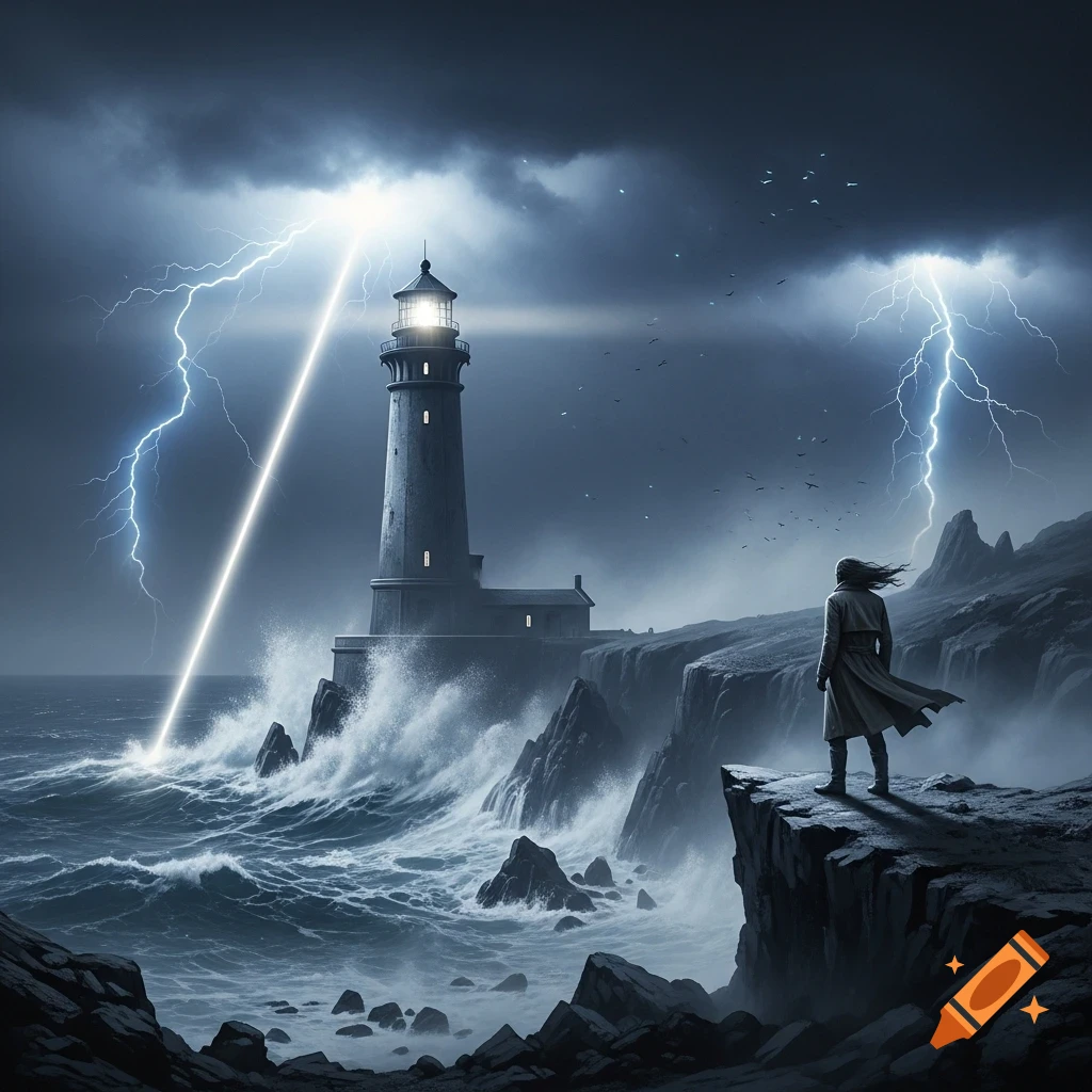 A lone figure stands on a rocky cliff watching a lighthouse amidst a dark, stormy sea with lightning strikes.