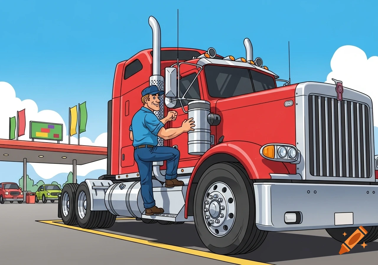 A smiling cartoon truck driver in blue work clothes steps into the cab of a large red semi-truck at a gas station.