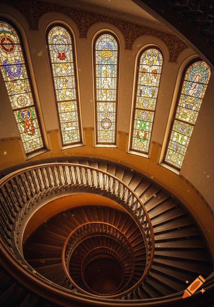 Photorealistic top-down view of an ornate wooden spiral staircase below five tall stained glass windows with intricate designs.