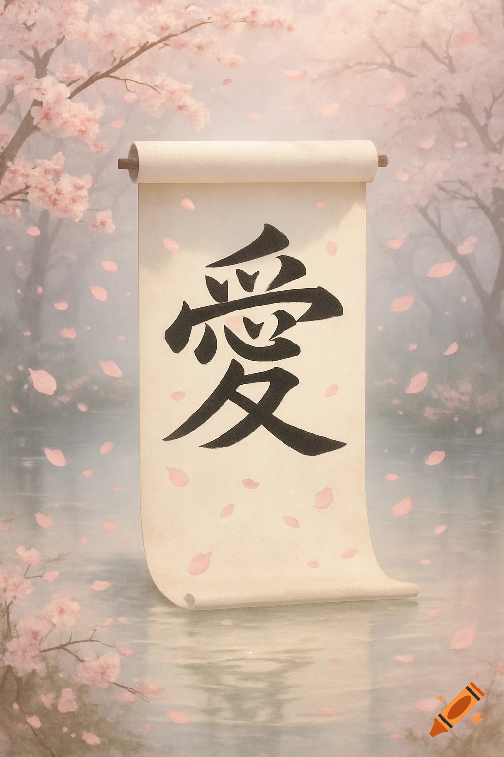 A Japanese calligraphy scroll with the character 'love' (愛) floats on reflective water, surrounded by falling cherry blossoms.