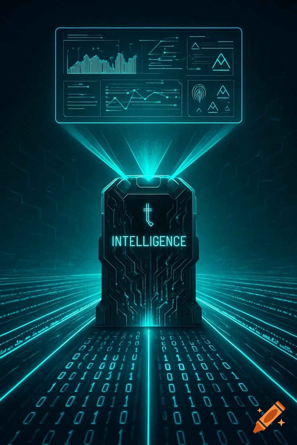 A glowing blue digital device labeled 'INTELLIGENCE' emits light onto a holographic interface with charts and binary data streams.