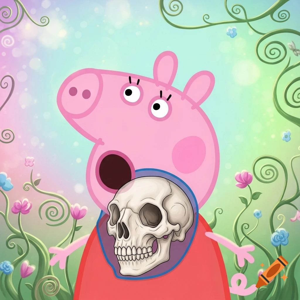 Peppa Pig looking up, fainted, with her mouth open revealing a human skull, against a pastel, flowery background.
