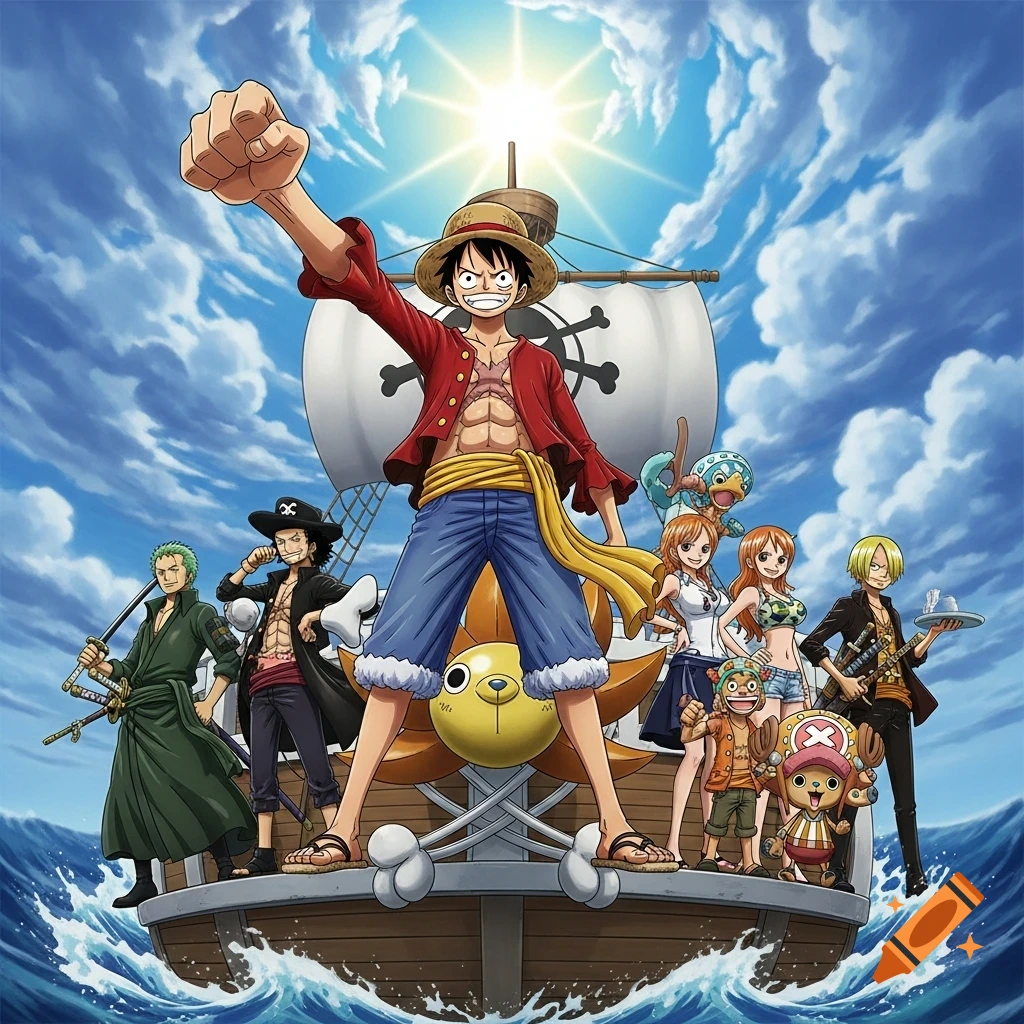 Monkey D. Luffy and the Straw Hat Pirates on their ship, the Thousand Sunny, sailing under a bright sun.