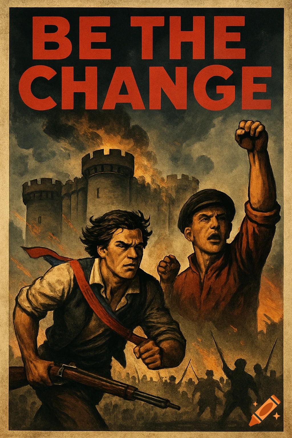 Vintage propaganda poster shows revolutionaries before a burning Bastille, with figures charging and raising a fist. Text reads 'BE THE CHANGE'.