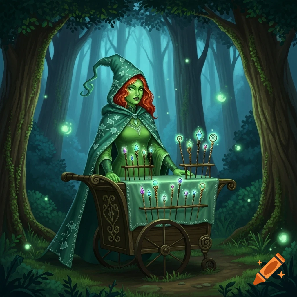 Green-skinned witch with red hair in a hooded cloak, selling glowing magical staves from a wooden cart in a mystical forest.