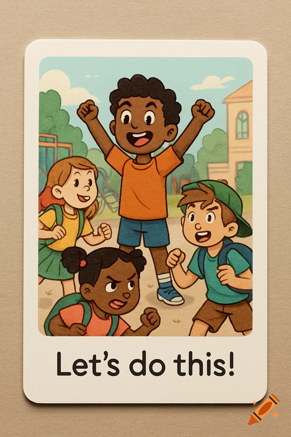 A cartoon illustration of four diverse children, one cheering and the others looking determined, with the phrase 'Let's do this!' below.