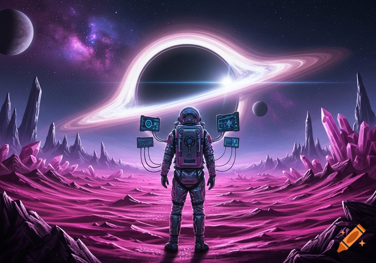 Astronaut on a vibrant pink alien planet watches a huge black hole. Floating data screens surround them in this sci-fi scene.