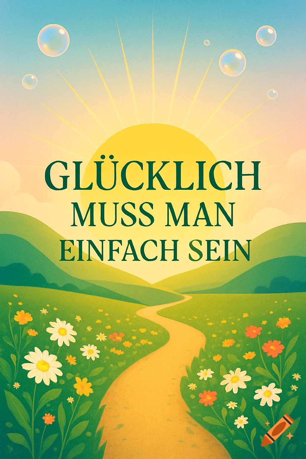 A vibrant, stylized landscape with a winding path through green hills, colorful flowers, a bright sun, and bubbles in the sky. The German text "GLÜCKLICH MUSS MAN EINFACH SEIN" is prominently displayed.